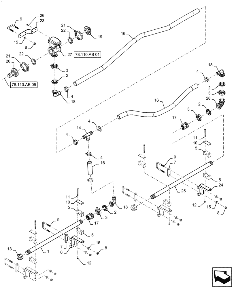 Схема запчастей Case IH PATRIOT 2250 - (78.110.AE[10]) - BOOM PLUMBING, RH, OUTER, 20"/30" NOZZLE SPACING, 5 SECTION, 80, ASN YGT042518 (78) - SPRAYING