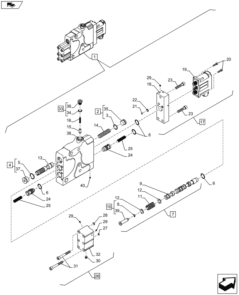 Схема запчастей Case IH PUMA 185 - (35.204.01[05A]) - CONTROL VALVE SECTION, RIGHT, COMPONENTS - D7414 - C7417 (35) - HYDRAULIC SYSTEMS