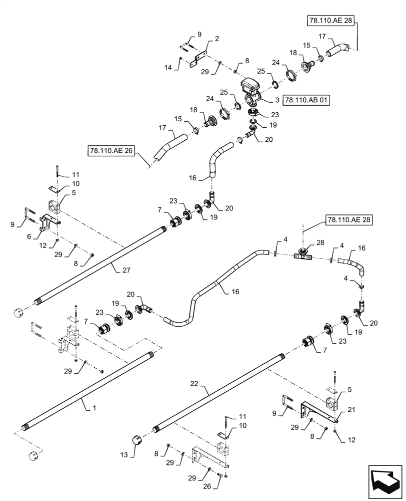 Схема запчастей Case IH PATRIOT 2250 - (78.110.AE[27]) - BOOM PLUMBING, LH, INNER, 20" NOZZLE SPACING, 6 SECTION, 90, ASN YGT042518 (78) - SPRAYING