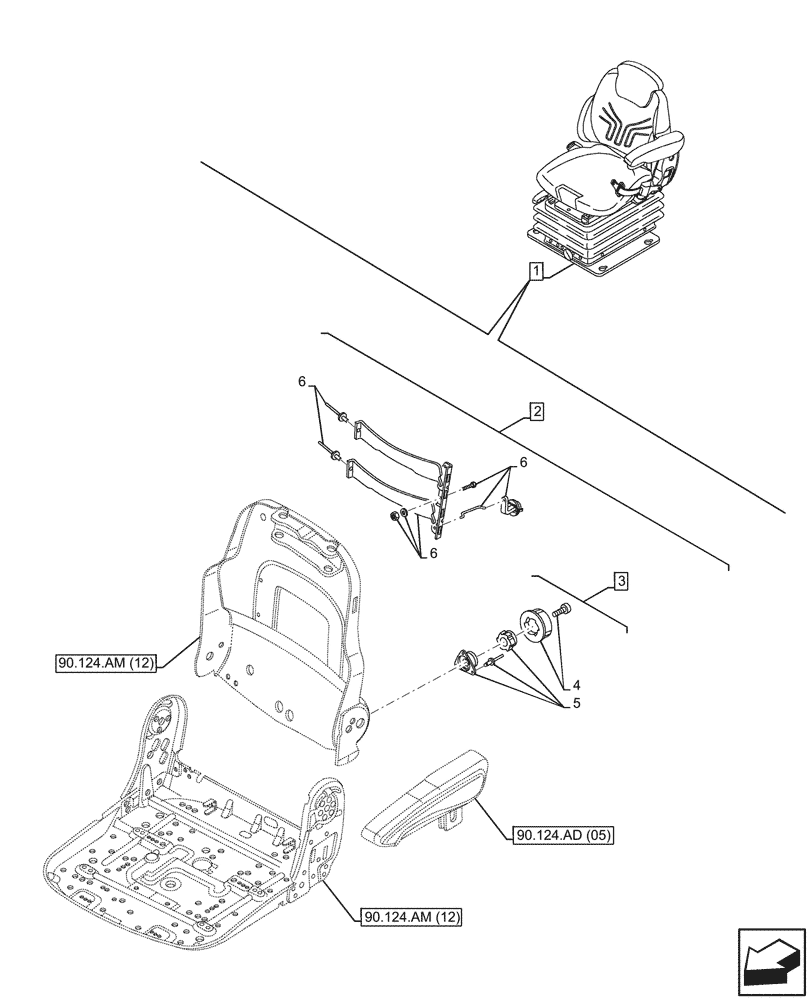 Схема запчастей Case IH MAXXUM 145 - (90.124.AQ[05]) - VAR - 758670 - DRIVER SEAT, GRAMMER DELUXE SEAT, W/ LOW FREQUENCY AIR SUSPENSION, W/ HEATED CUSHIONS, W/ ELECTROHYDRAULIC REMOTES, LUMBAR, ADJUSTING (90) - PLATFORM, CAB, BODYWORK AND DECALS