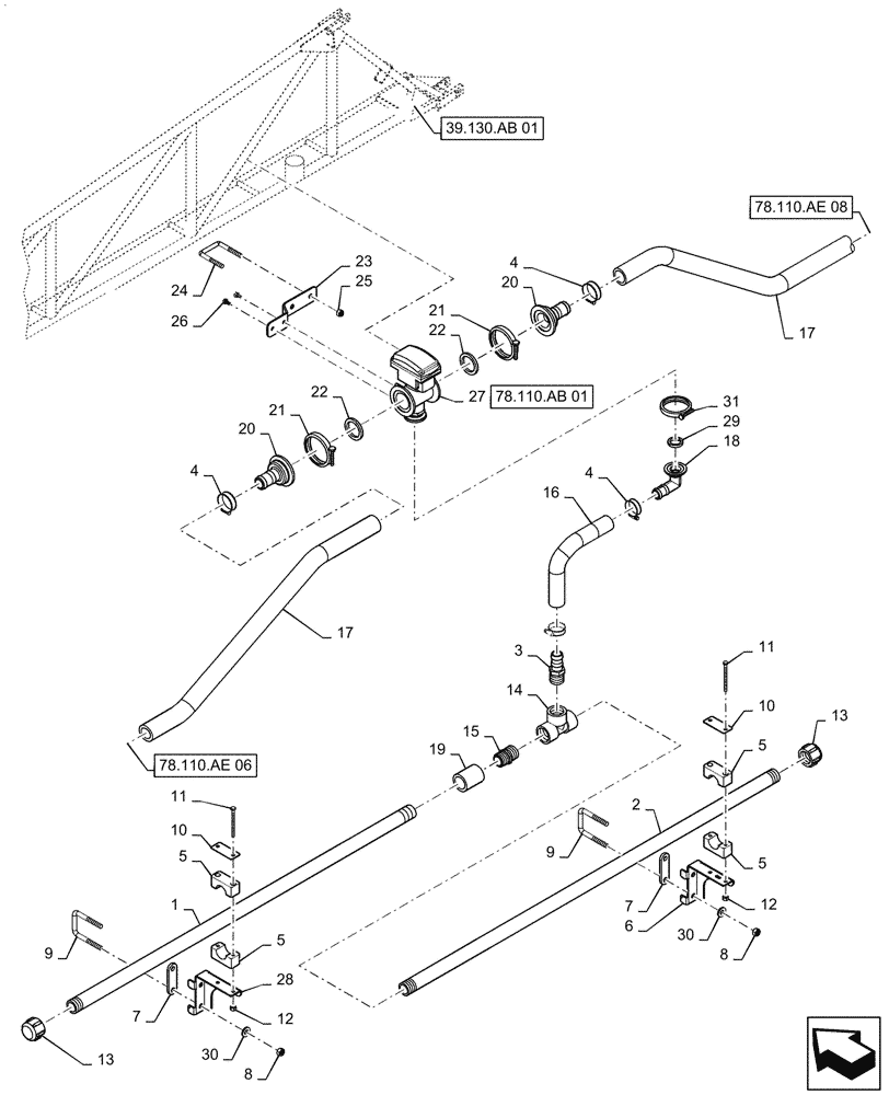 Схема запчастей Case IH PATRIOT 2250 - (78.110.AE[07]) - BOOM PLUMBING, LH, INNER, 20"/30" NOZZLE SPACING, 5 SECTION, 80, BSN YGT042519 (78) - SPRAYING