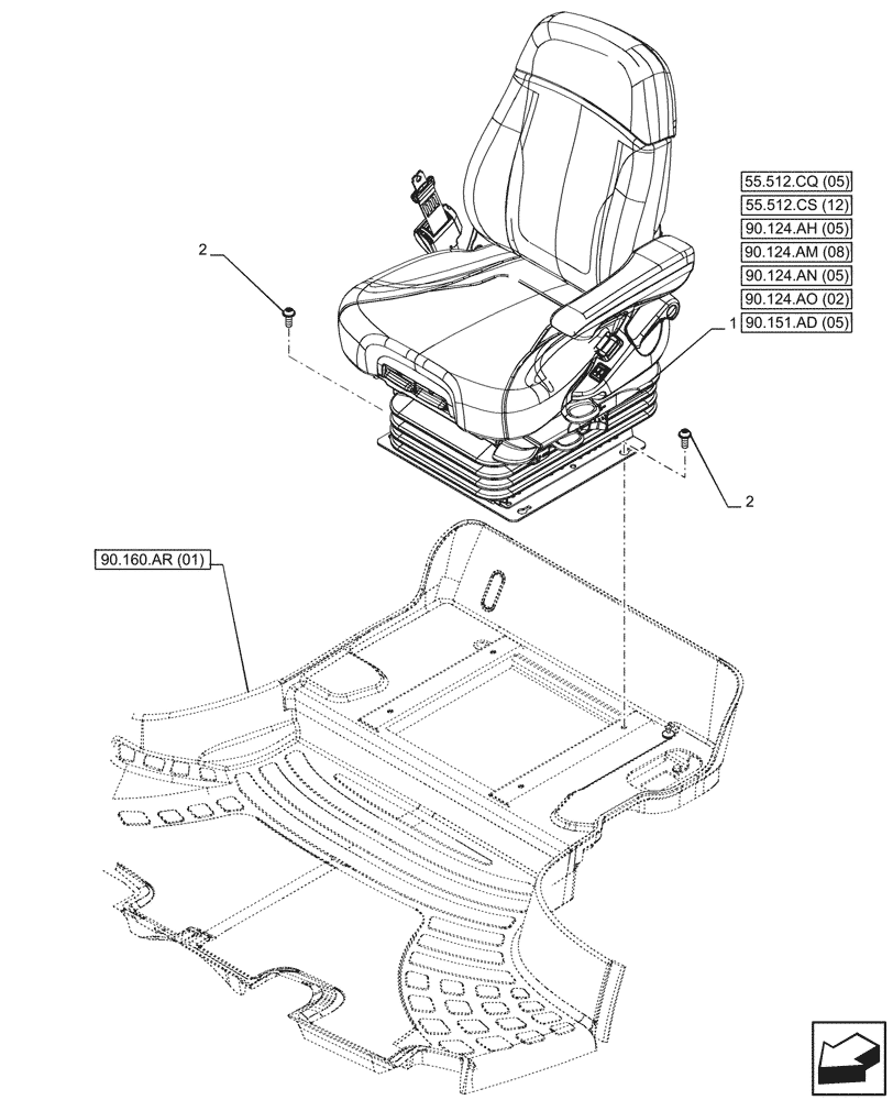 Схема запчастей Case IH MAXXUM 115 - (90.124.AE[05]) - VAR - 758362 - DRIVER SEAT, GRAMMER DELUXE SEAT, W/ LOW FREQUENCY AIR SUSPENSION, W/ MECHANICAL REMOTES, MOUNTING (90) - PLATFORM, CAB, BODYWORK AND DECALS