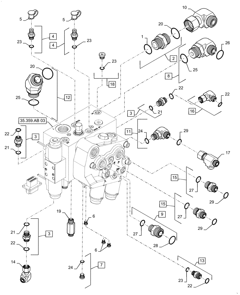 Схема запчастей Case IH 6140 - (35.359.AB[02]) - VALVE, MAIN DISTRIBUTOR, FEEDER, REEL, REVERSER (35) - HYDRAULIC SYSTEMS