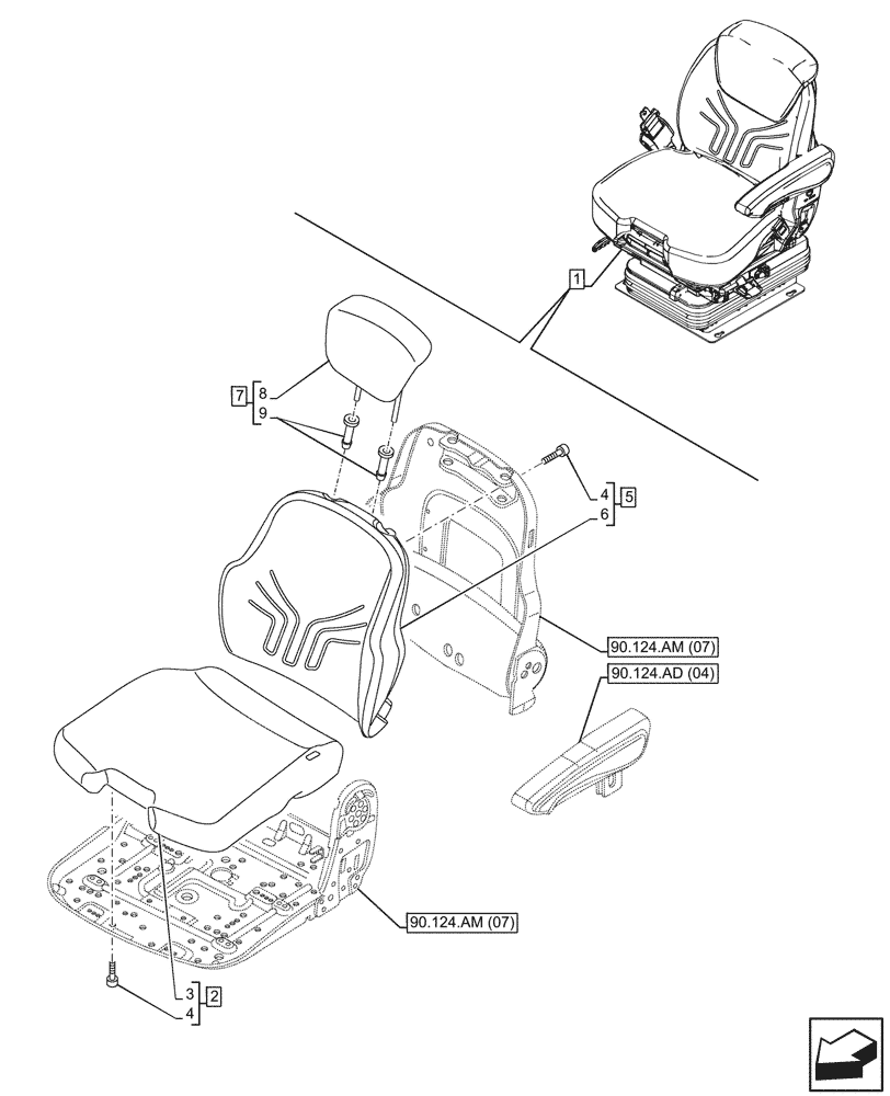 Схема запчастей Case IH MAXXUM 115 - (90.124.AH[04]) - VAR - 758675 - DRIVER SEAT, GRAMMER DELUXE SEAT, W/ LOW FREQUENCY AIR SUSPENSION, W/ HEATED CUSHIONS, CUSHION (90) - PLATFORM, CAB, BODYWORK AND DECALS