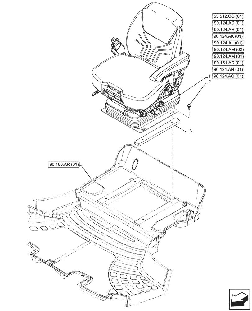 Схема запчастей Case IH MAXXUM 115 - (90.124.AE[01]) - VAR - 391285, 758671 - DRIVER SEAT, GRAMMER DELUXE SEAT, W/ LOW FREQUENCY AIR SUSPENSION, MOUNTING (90) - PLATFORM, CAB, BODYWORK AND DECALS