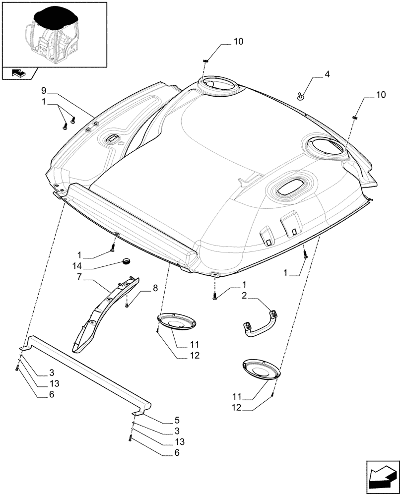Схема запчастей Case IH PUMA 140 - (1.94.0/05[01]) - NAR ROOF WITH HIGH PROFILE LESS HIGH VISIBILITY PANEL - HEADLINER - C9018 (10) - OPERATORS PLATFORM/CAB