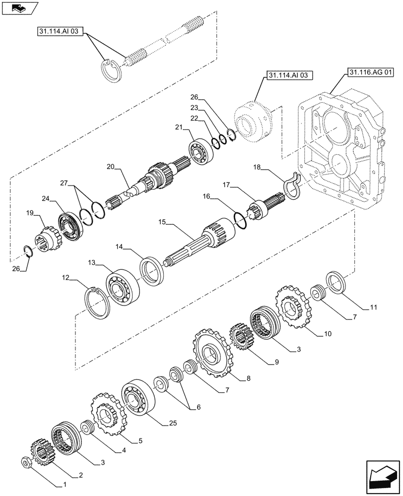 Схема запчастей Case IH FARMALL 105U - (31.116.AL[02]) - VAR - 331729 - PTO 540/540E/1000 RPM, SHAFT & GEAR, ISO (31) - IMPLEMENT POWER TAKE OFF