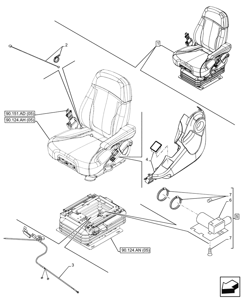 Схема запчастей Case IH MAXXUM 145 - (55.512.CQ[05]) - VAR - 758362 - DRIVER SEAT, GRAMMER DELUXE SEAT, W/ LOW FREQUENCY AIR SUSPENSION, AIR COMPRESSOR, SENSOR, HARNESS - BEGIN YR 05-NOV-2015 (55) - ELECTRICAL SYSTEMS