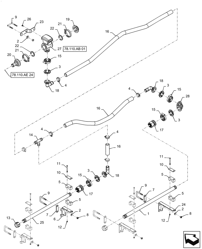 Схема запчастей Case IH PATRIOT 2250 - (78.110.AE[25]) - BOOM PLUMBING, RH, OUTER, 20"/30" NOZZLE SPACING, 5 SECTION, 90, ASN YGT042518 (78) - SPRAYING