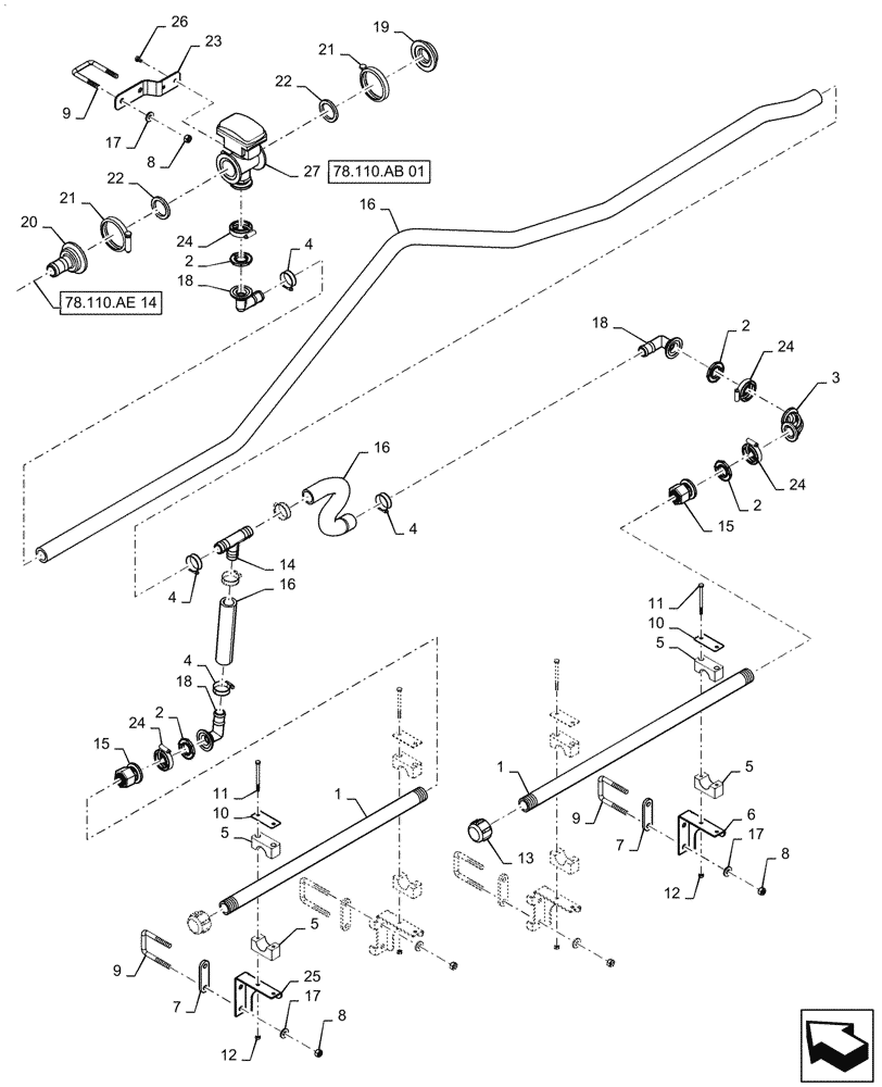 Схема запчастей Case IH PATRIOT 2250 - (78.110.AE[15]) - BOOM PLUMBING, RH, OUTER, 20" NOZZLE SPACING, 6 SECTION, 80, ASN YGT042518 (78) - SPRAYING