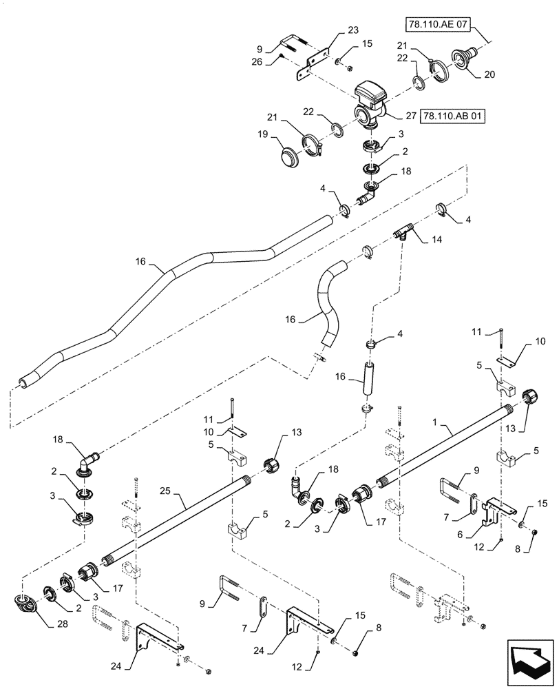 Схема запчастей Case IH PATRIOT 2250 - (78.110.AE[06]) - BOOM PLUMBING, LH OUTER, 20"/ 30" SPACING, 5 SECTION, 80 BOOM, ASN YGT042518 (78) - SPRAYING