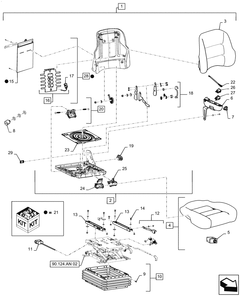 Схема запчастей Case IH TITAN 3040 - (90.124.AE[01]) - LUXURY, LEATHER OPERATOR SEAT, 3 POS HEATED (90) - PLATFORM, CAB, BODYWORK AND DECALS