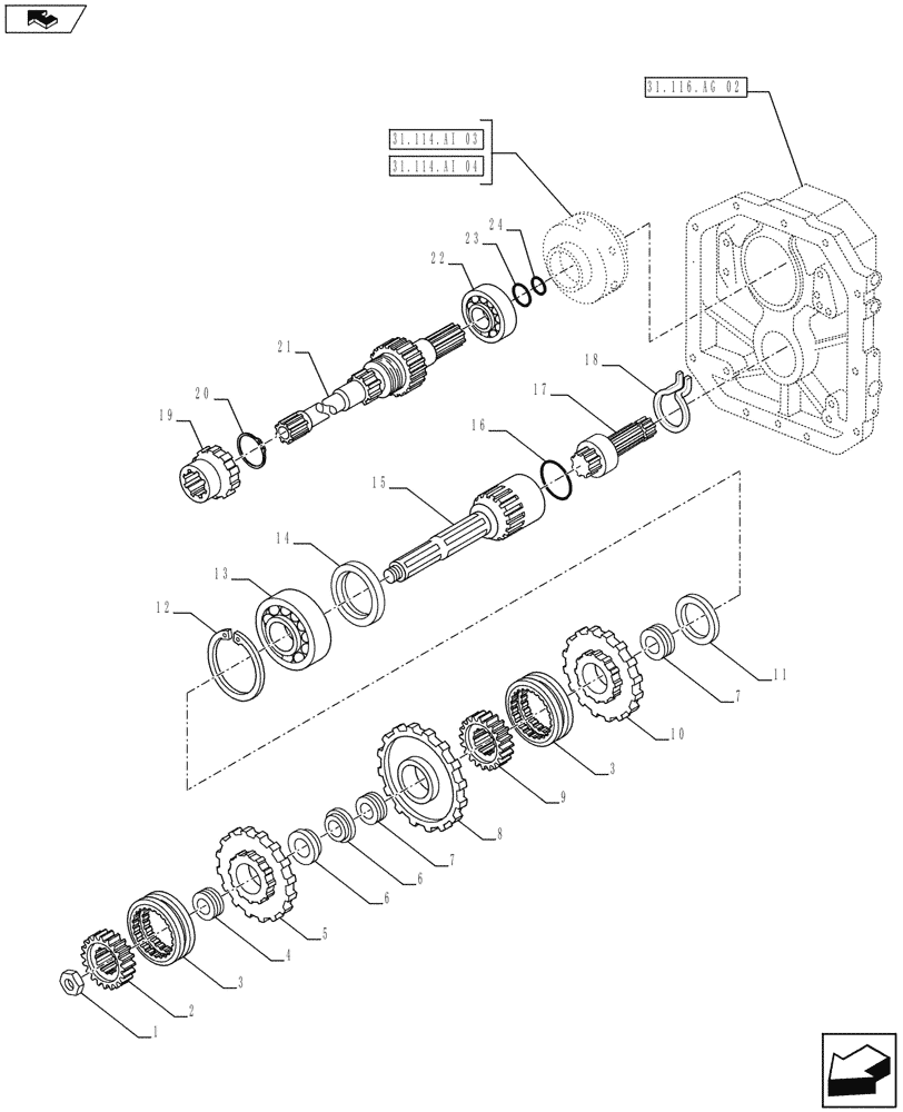 Схема запчастей Case IH FARMALL 105U - (31.116.AL[04]) - VAR - 331819 - PTO 540/540E/1000 RPM, SHAFT & GEAR, W/ GROUND SPEED, ISO (31) - IMPLEMENT POWER TAKE OFF