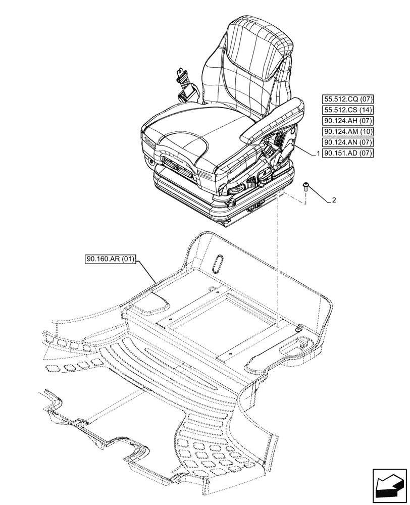 Схема запчастей Case IH MAXXUM 115 - (90.124.AE[07]) - VAR - 758363 - DRIVER SEAT, W/ SEMI-ACTIVE SUSPENSION, W/ HEATED CUSHIONS, ACTIVE LEATHER COMFORT PACK, W/ MECHANICAL REMOTES, MOUNTING (90) - PLATFORM, CAB, BODYWORK AND DECALS