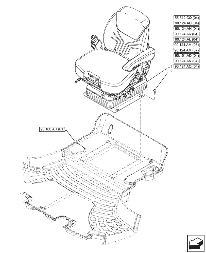 Схема запчастей Case IH MAXXUM 115 - (90.124.AE[04]) - VAR - 758675 - DRIVER SEAT, GRAMMER DELUXE SEAT, W/ LOW FREQUENCY AIR SUSPENSION, W/ HEATED CUSHIONS, MOUNTING (90) - PLATFORM, CAB, BODYWORK AND DECALS