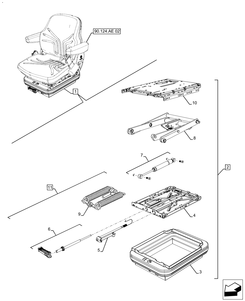Схема запчастей Case IH FARMALL 110A - (90.124.AE[03]) - VAR - 391268 - DRIVER SEAT, W/O CAB (90) - PLATFORM, CAB, BODYWORK AND DECALS