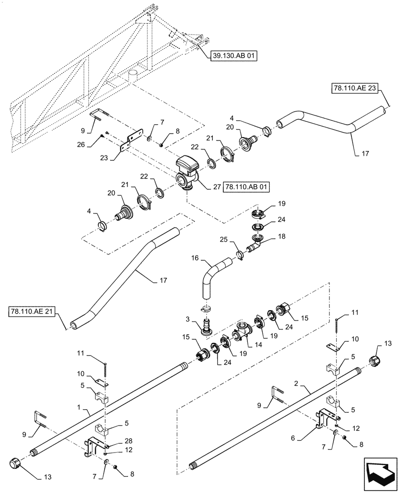 Схема запчастей Case IH PATRIOT 2250 - (78.110.AE[22]) - BOOM PLUMBING, LH, INNER, 20"/30" NOZZLE SPACING, 5 SECTION, 90, ASN YGT042518 (78) - SPRAYING