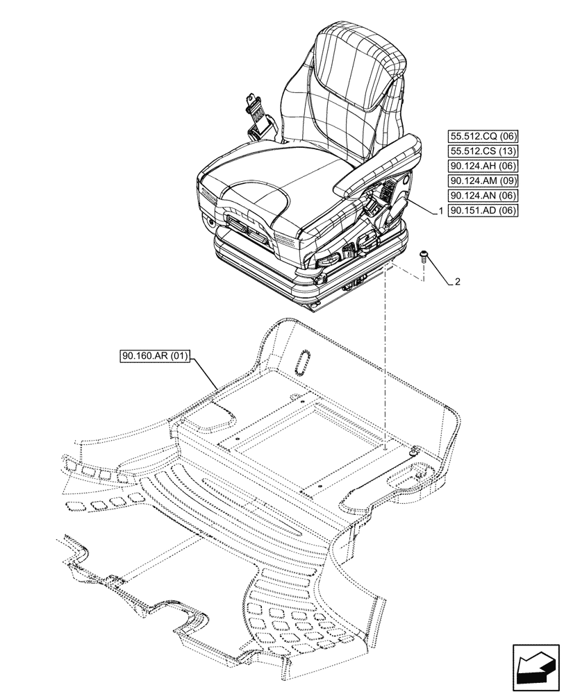 Схема запчастей Case IH MAXXUM 115 - (90.124.AE[06]) - VAR - 758363 - DRIVER SEAT, W/ SEMI-ACTIVE SUSPENSION, W/ HEATED CUSHIONS, ACTIVE LEATHER COMFORT PACK, MOUNTING (90) - PLATFORM, CAB, BODYWORK AND DECALS