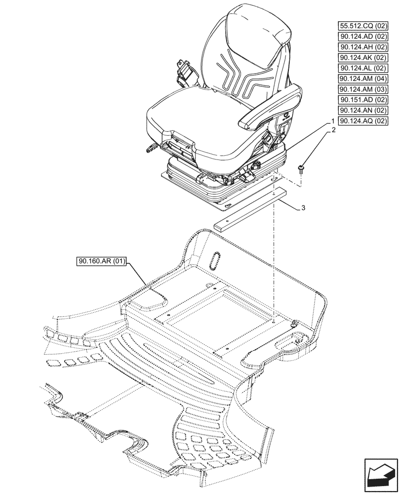 Схема запчастей Case IH MAXXUM 115 - (90.124.AE[02]) - VAR - 391285 - DRIVER SEAT, GRAMMER DELUXE SEAT, W/ LOW FREQUENCY AIR SUSPENSION, W/ MECHANICAL REMOTES, MOUNTING (90) - PLATFORM, CAB, BODYWORK AND DECALS