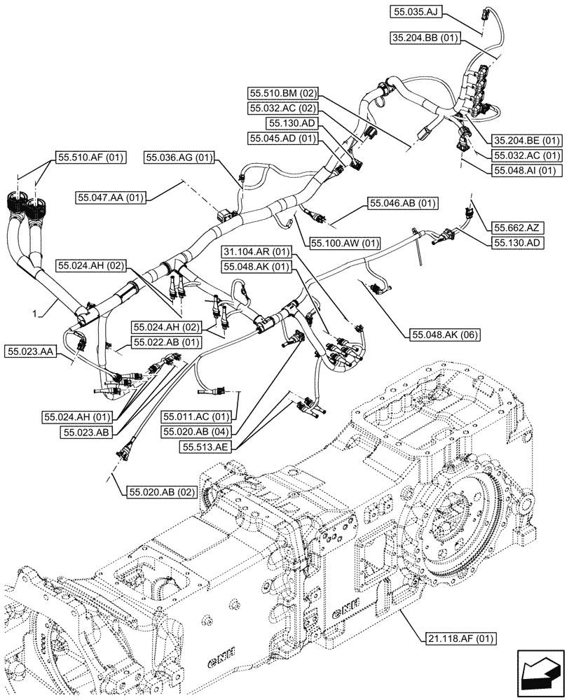 Схема запчастей Case IH MAXXUM 150 - (55.024.AA[04]) - VAR - 392999 - TRANSMISSION, HARNESS (55) - ELECTRICAL SYSTEMS