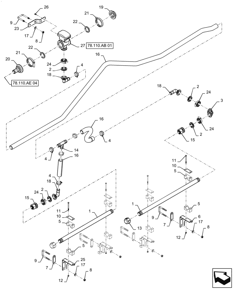 Схема запчастей Case IH PATRIOT 2250 - (78.110.AE[05]) - BOOM PLUMBING, RH, OUTER, 20" NOZZLE SPACING, 5 SECTION, 80, ASN YGT042518 (78) - SPRAYING