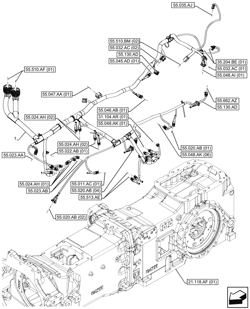 Схема запчастей Case IH MAXXUM 115 - (55.024.AA[03]) - VAR - 392999 - TRANSMISSION, HARNESS (55) - ELECTRICAL SYSTEMS