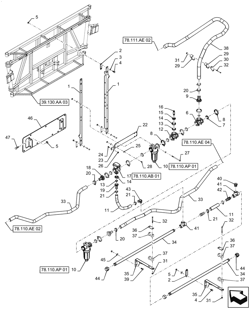 Схема запчастей Case IH PATRIOT 2250 - (78.110.AE[03]) - BOOM PLUMBING, CENTER, 20" NOZZLE SPACING, 5 SECTION, 80, BSN YGT042519 (78) - SPRAYING