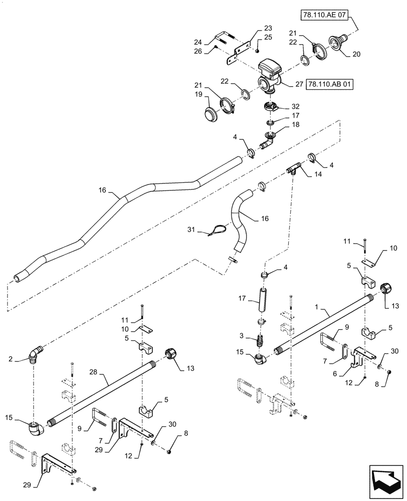 Схема запчастей Case IH PATRIOT 2250 - (78.110.AE[06]) - BOOM PLUMBING, LH, OUTER, 20"/30" NOZZLE SPACING, 5 SECTION, 80 BSN YGT042519 (78) - SPRAYING