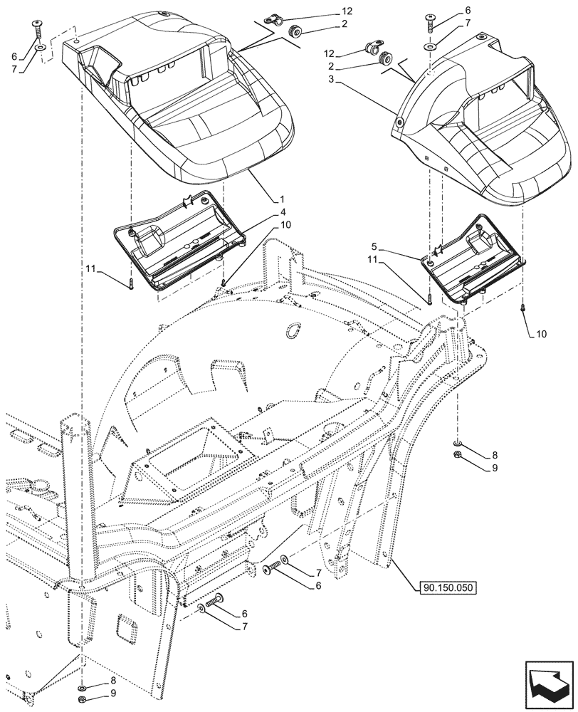 Схема запчастей Case IH FARMALL 90V - (90.116.270) - VAR - 341846, 341847, 342382, 342383, 342384, 342385, 743523 - REAR FENDER SPLASH GUARD, CAB (90) - PLATFORM, CAB, BODYWORK AND DECALS