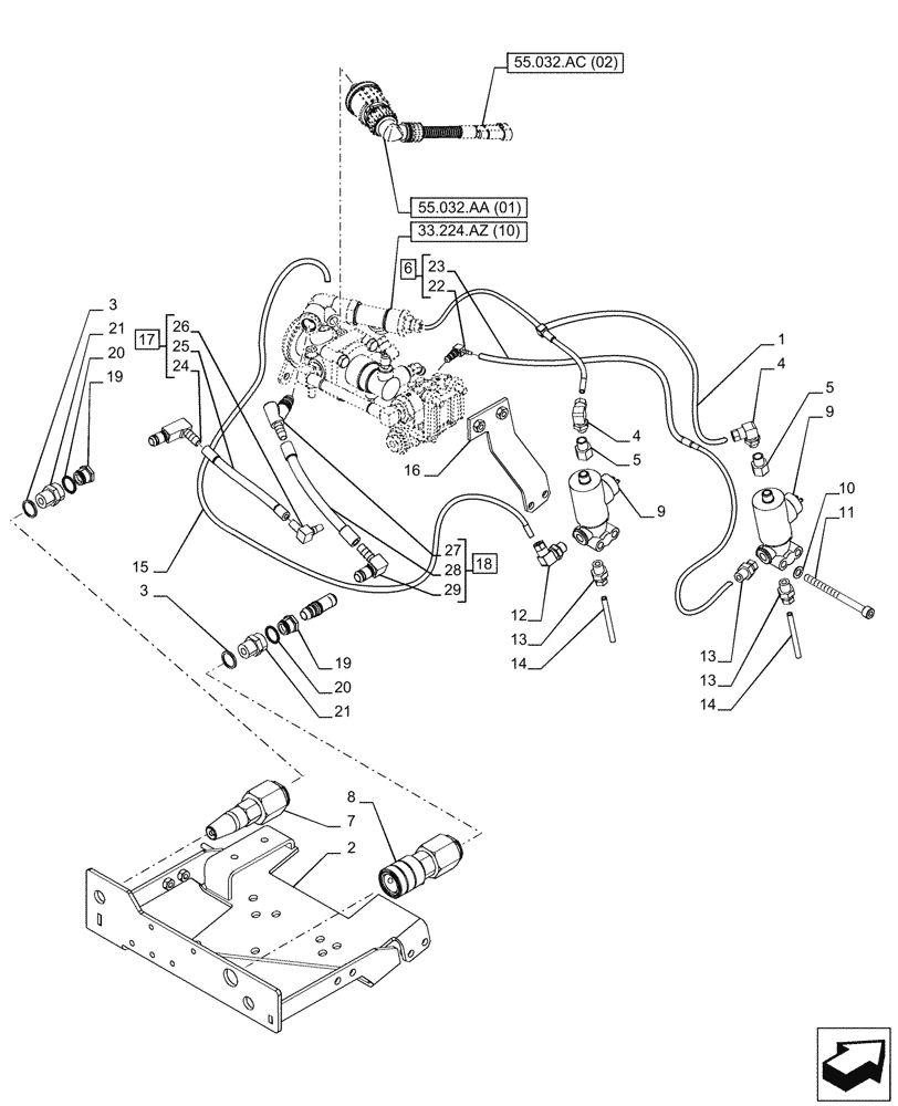 Схема запчастей Case IH PUMA 185 CVT - (33.224.AZ[09]) - VAR - 337488, 337491, 758043, 758044 - TRAILER BRAKE VALVE (33) - BRAKES & CONTROLS