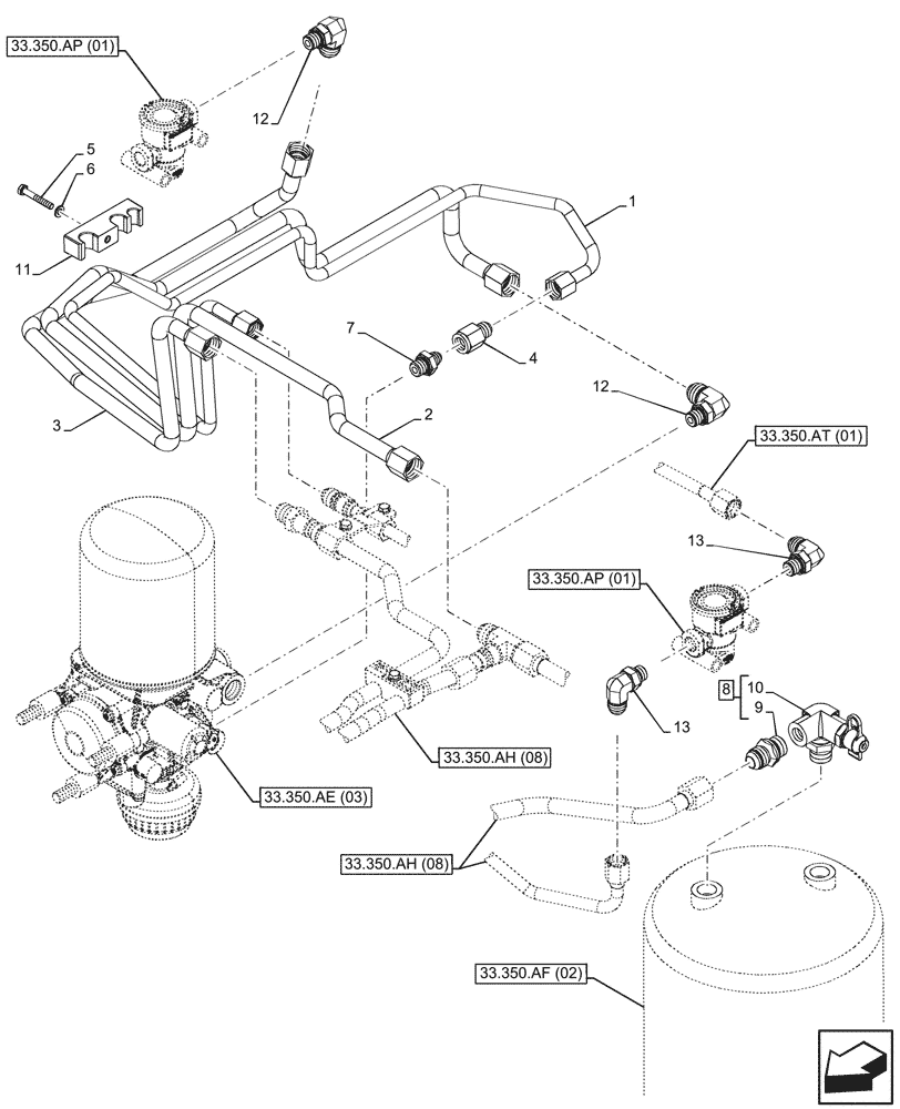 Схема запчастей Case IH PUMA 220 - (33.350.AG[03]) - VAR - 337479, 337480 - ANTILOCK BRAKING SYSTEM (ABS), AIR RESERVOIR, LINE (33) - BRAKES & CONTROLS