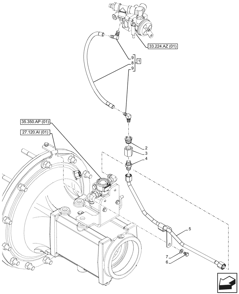 Схема запчастей Case IH PUMA 200 CVT - (33.350.AT[01]) - VAR - 337481, 337482, 337488, 337491 - ANTILOCK BRAKING SYSTEM (ABS), REAR, BRAKE LINE (33) - BRAKES & CONTROLS