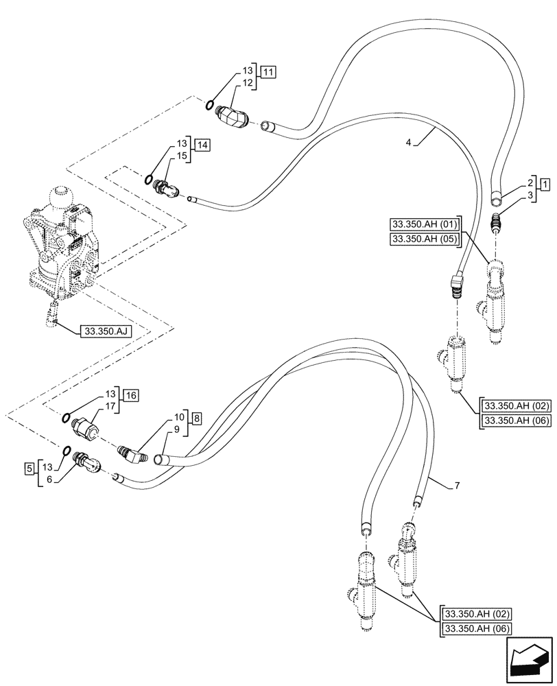 Схема запчастей Case IH PUMA 240 CVT - (33.350.AK[01]) - VAR - 337479, 337480 - ANTILOCK BRAKING SYSTEM (ABS), FOOT CONTROL VALVE, LINE (33) - BRAKES & CONTROLS