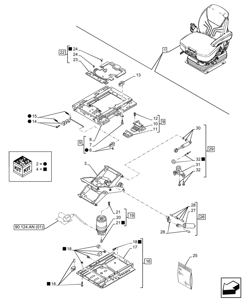 Схема запчастей Case IH PUMA 150 - (90.124.AK[04]) - VAR - 758257, 758258, 758259 - DRIVER SEAT, GRAMMER DELUXE SEAT, W/ LOW FREQUENCY AIR SUSPENSION, W/ HEATED CUSHIONS, W/ MECHANICAL REMOTES, COMPONENTS (90) - PLATFORM, CAB, BODYWORK AND DECALS