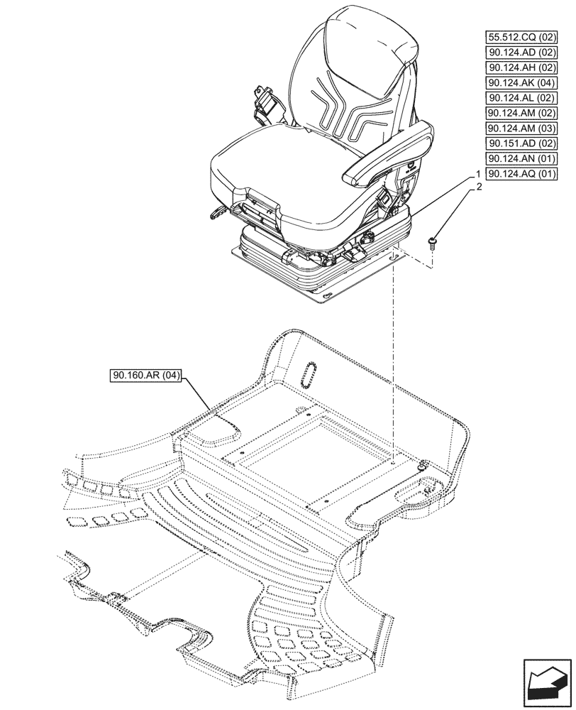 Схема запчастей Case IH PUMA 150 - (90.124.AE[02]) - VAR - 758257, 758258, 758259 - DRIVER SEAT, GRAMMER DELUXE SEAT, W/ LOW FREQUENCY AIR SUSPENSION, W/ HEATED CUSHIONS, W/ MECHANICAL REMOTES, MOUNTING (90) - PLATFORM, CAB, BODYWORK AND DECALS