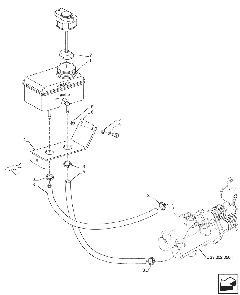 Схема запчастей Case IH JX95HC PLUS - (33.202.040) - STD + VAR - 391606 - BRAKE FLUID RESERVOIR (33) - BRAKES & CONTROLS