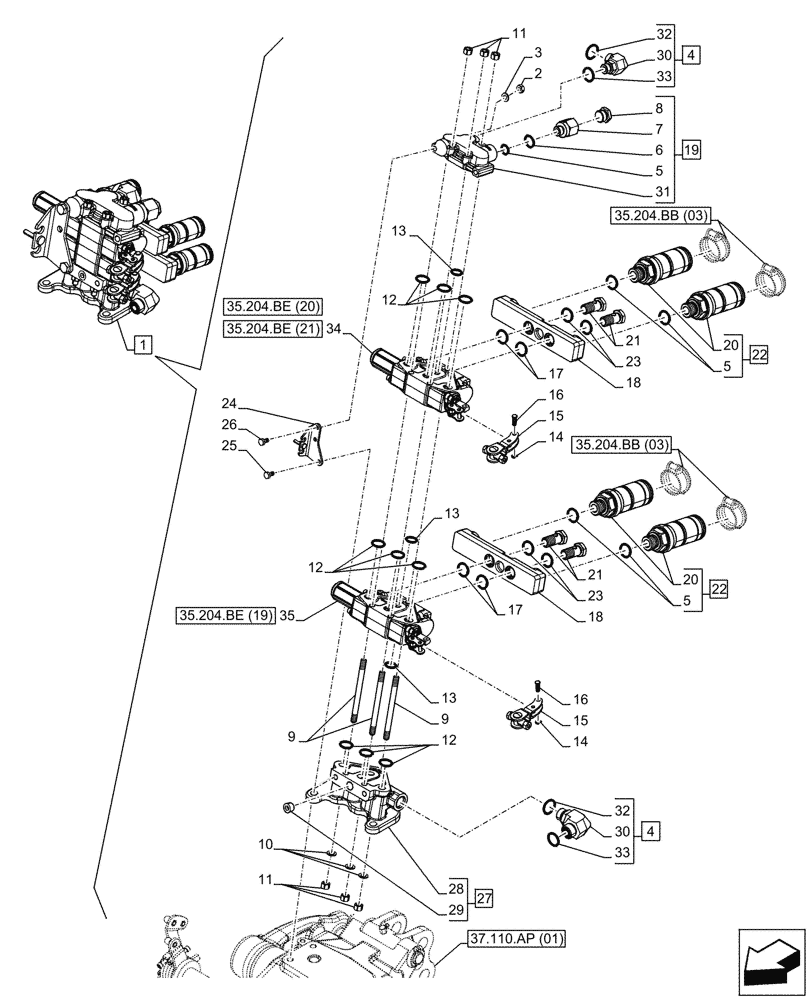 Схема запчастей Case IH FARMALL 95C - (35.204.BE[18]) - VAR - 743569 - REMOTE CONTROL VALVE (2 REMOTES - 4 COUPLERS DELUXE), HI-LO, COMPONENTS - END YR 02-NOV-2015 (35) - HYDRAULIC SYSTEMS