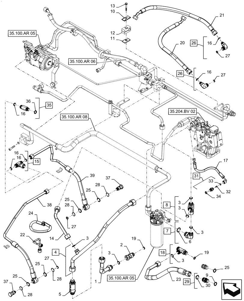 Схема запчастей Case IH MAGNUM 220 - (35.100.AR[07]) - CONTROL VALVE OIL SUPPLY LINES AND FITTINGS, TWIN FLOW - CVT - ASN ZFRH01001 (35) - HYDRAULIC SYSTEMS