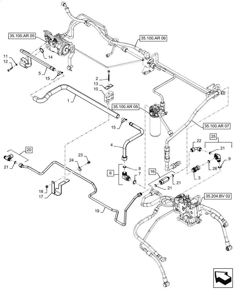 Схема запчастей Case IH MAGNUM 220 - (35.100.AR[08]) - CONTROL VALVE OIL SUPPLY LINES AND FITTINGS, TWIN FLOW - CVT - ASN ZFRH01001 (35) - HYDRAULIC SYSTEMS