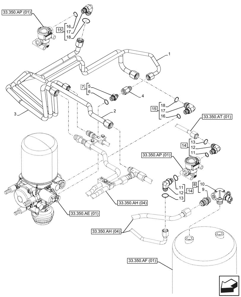 Схема запчастей Case IH PUMA 220 CVT - (33.350.AG[02]) - VAR - 337479, 337480 - ANTILOCK BRAKING SYSTEM (ABS), AIR RESERVOIR, LINE (33) - BRAKES & CONTROLS