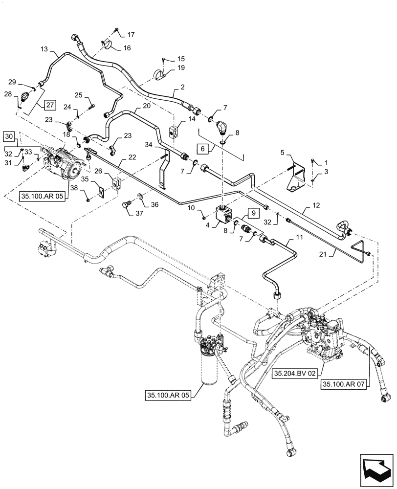 Схема запчастей Case IH MAGNUM 200 - (35.100.AR[06]) - CONTROL VALVE OIL SUPPLY LINES AND FITTINGS, TWIN FLOW - CVT - ASN ZFRH01001 (35) - HYDRAULIC SYSTEMS