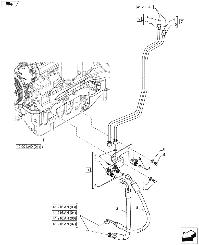 Схема запчастей Case IH MAXXUM 120 - (41.216.AV[03]) - VAR - 330414, 330427, 330429, 330430 - SUSPENDED FRONT AXLE, STEERING TIE-ROD, HYD. LINE (41) - STEERING