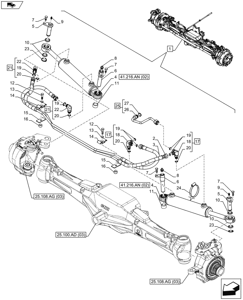 Схема запчастей Case IH MAXXUM 120 - (41.216.AN[04]) - VAR - 330427 - CLASS 3, SUSPENDED FRONT AXLE WITH HYDR. DIFF. LOCK, STRG SENSOR & BRAKES, STEERING CYLINDER (41) - STEERING