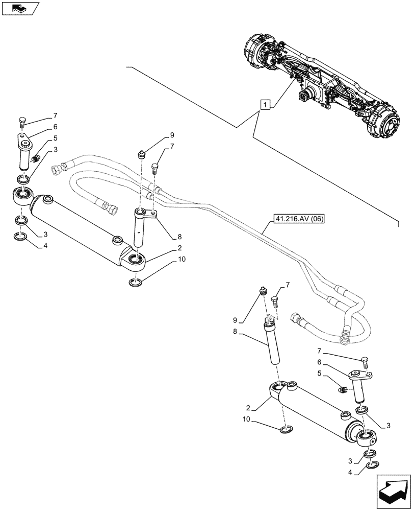 Схема запчастей Case IH MAXXUM 120 - (41.216.AN[07]) - VAR - 330430 - CLASS 4, SUSPENDED FRONT AXLE WITH HYDR. DIFF. LOCK, STRG SENSOR & BRAKES, STEERING CYLINDER (41) - STEERING