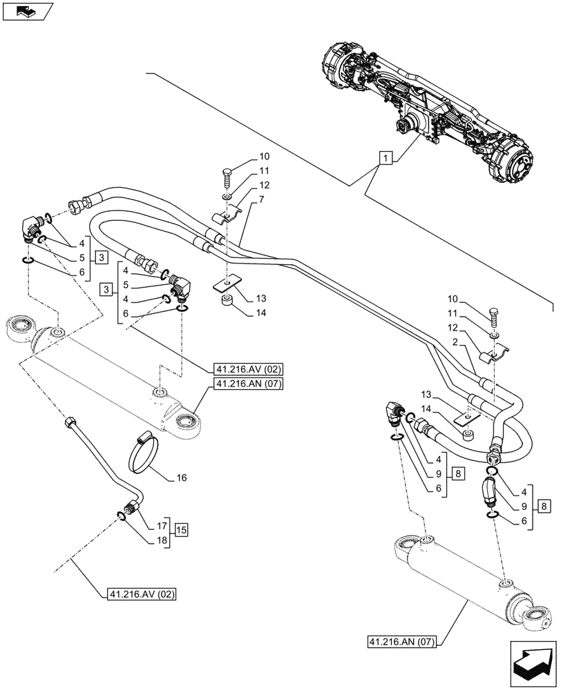 Схема запчастей Case IH MAXXUM 110 - (41.216.AV[06]) - VAR - 330430 - CLASS 4, SUSPENDED FRONT AXLE WITH HYDR. DIFF. LOCK, STRG SENSOR & BRAKES, STEERING CYLINDER, LINE (41) - STEERING