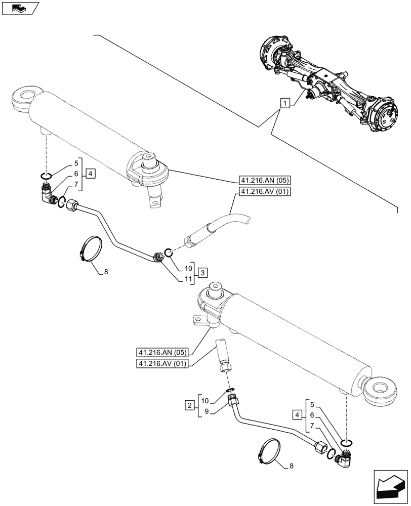 Схема запчастей Case IH MAXXUM 110 - (41.216.AV[04]) - VAR - 300408 - CLASS 4, FRONT AXLE, W/ HYDRAULIC DIFFERENTIAL LOCK, W/ STEERING SENSORS, STEERING CYLINDER, LINE (41) - STEERING