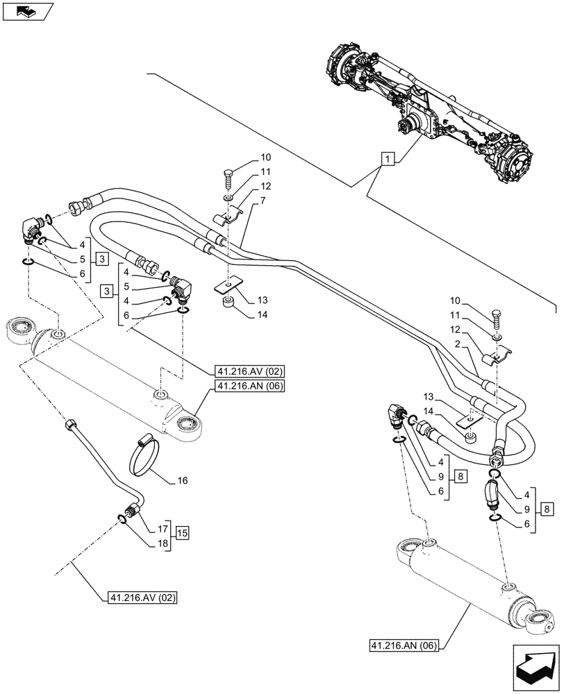 Схема запчастей Case IH MAXXUM 120 - (41.216.AV[05]) - VAR - 330429 - CLASS 4, SUSPENDED FRONT AXLE WITH HYDR. DIFF. LOCK & STRG SENSOR, STEERING CYLINDER, LINE (41) - STEERING