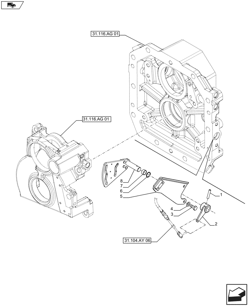 Схема запчастей Case IH FARMALL 115U - (31.104.AY[08]) - VAR - 331729 - PTO 540/540E/1000 RPM, SELECTOR, NA (31) - IMPLEMENT POWER TAKE OFF