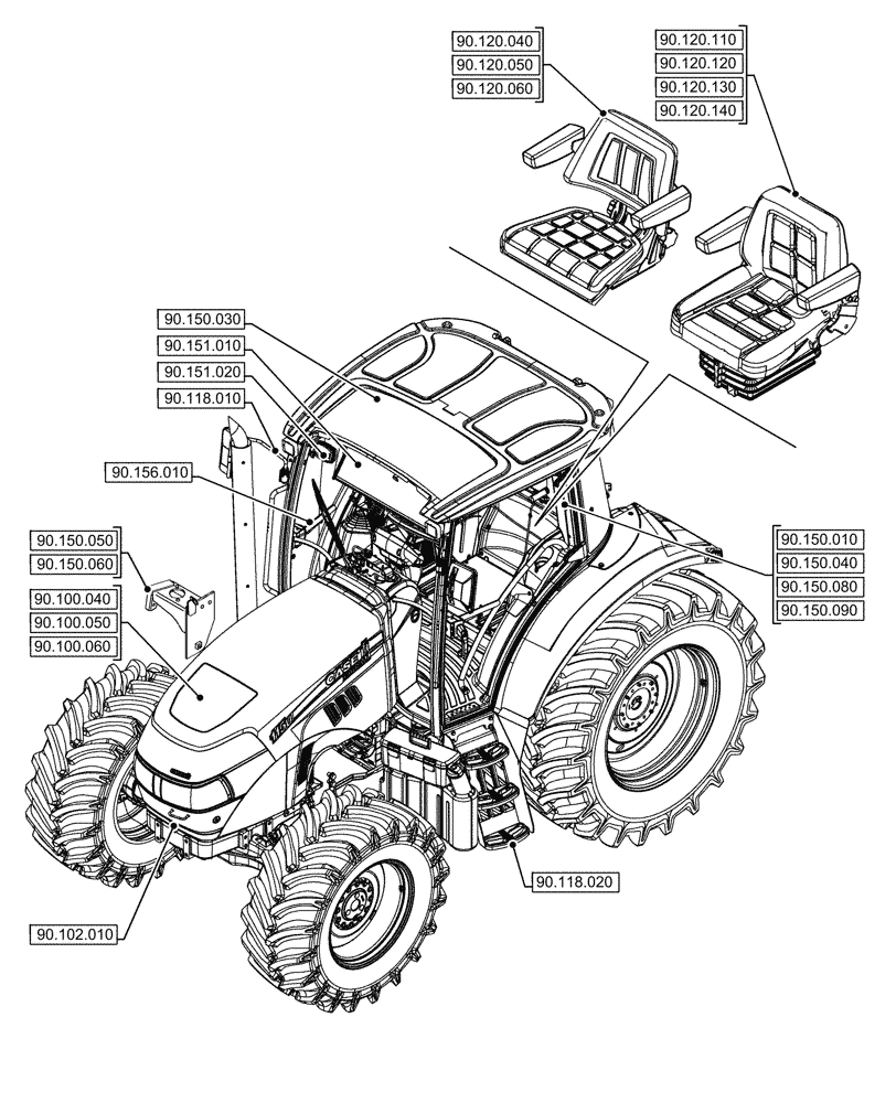 Схема запчастей Case IH JX95HC PLUS - (90.000.00[02]) - SECTION INDEX - PLATFORM, CAB, BODYWORK & DECALS (90) - PLATFORM, CAB, BODYWORK AND DECALS