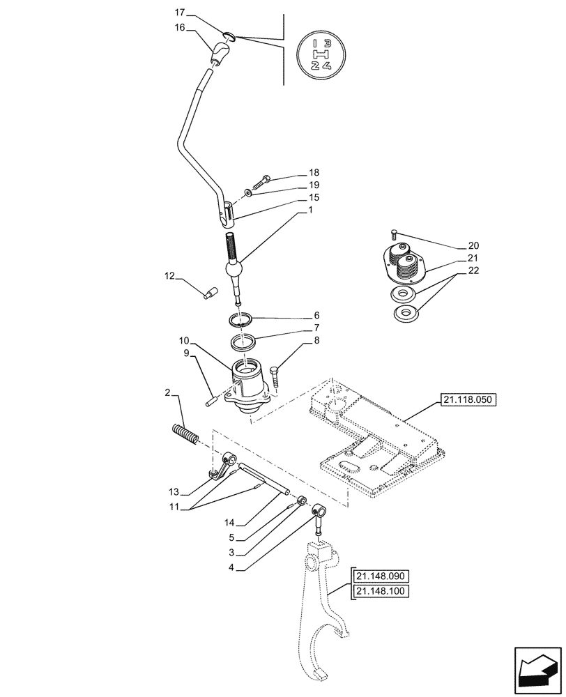 Схема запчастей Case IH JX95HC PLUS - (21.130.010) - STD + VAR - 335113, 390110 - TRANSMISSION, CONTROL LEVER, GEARSHIFT (21) - TRANSMISSION
